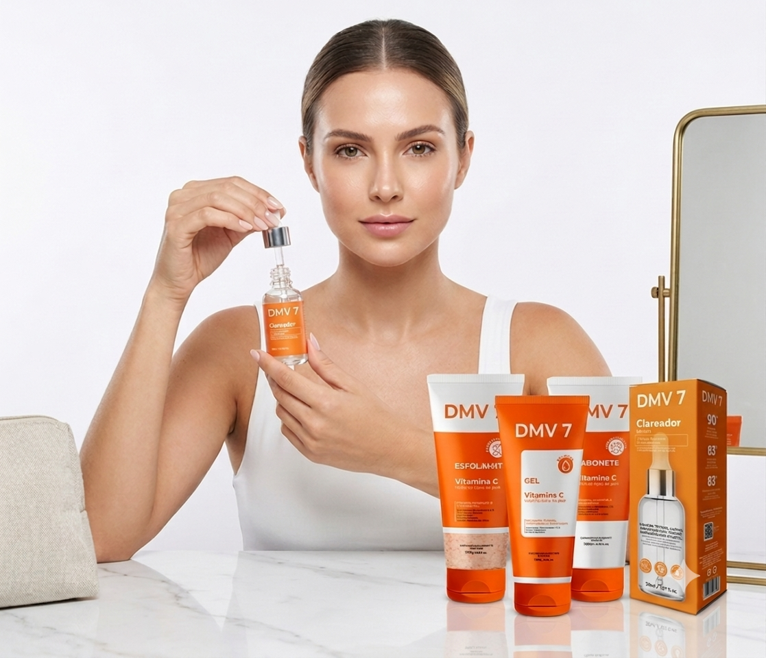 Mulher com pele lisa e luminosa segurando o sérum do kit de skincare